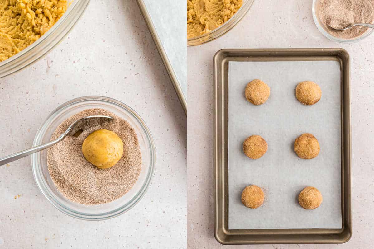 Step by step photos showing how to assemble snickerdoodles.