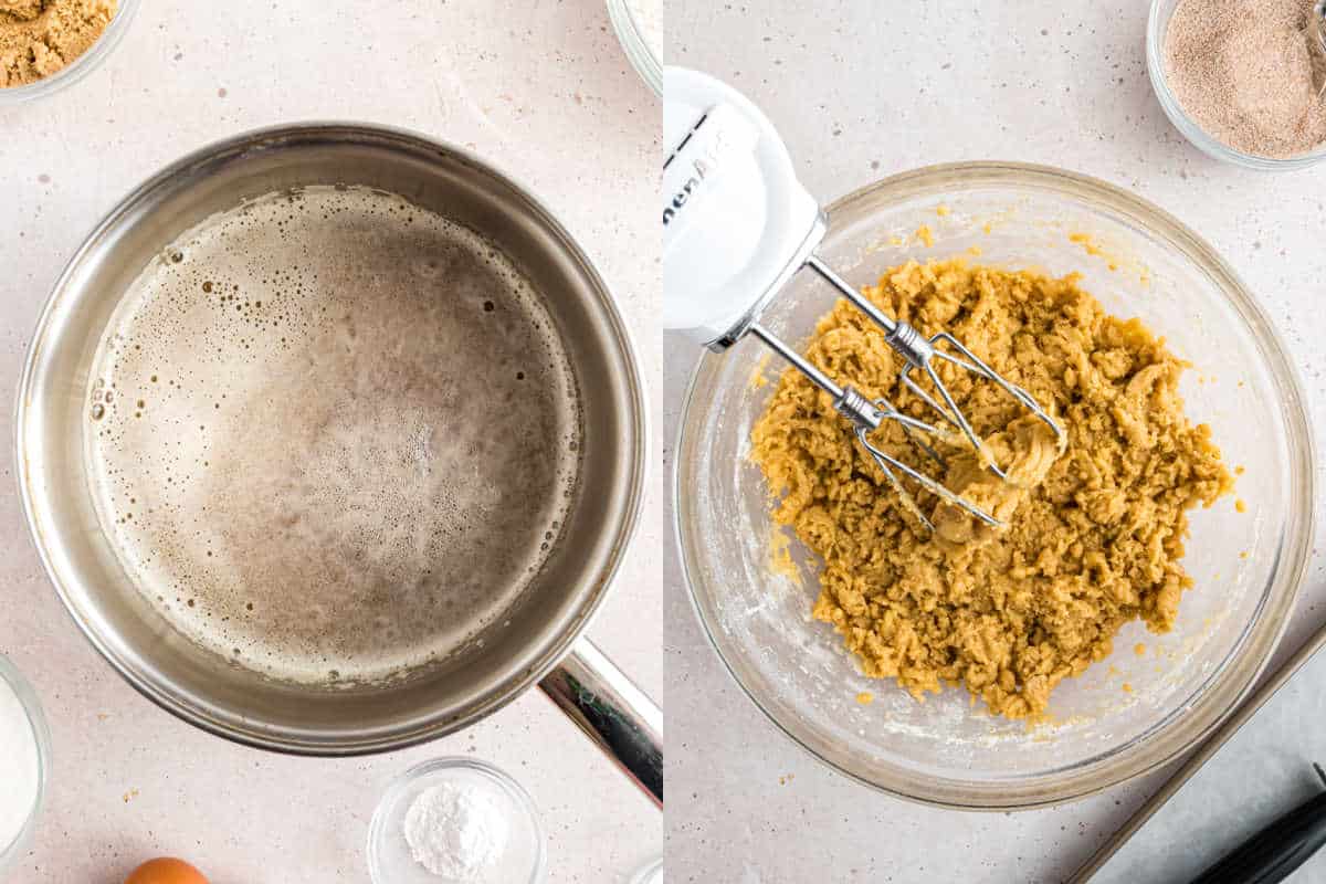 Step by step photos showing how to make snickerdoodle cookie dough with browned butter.