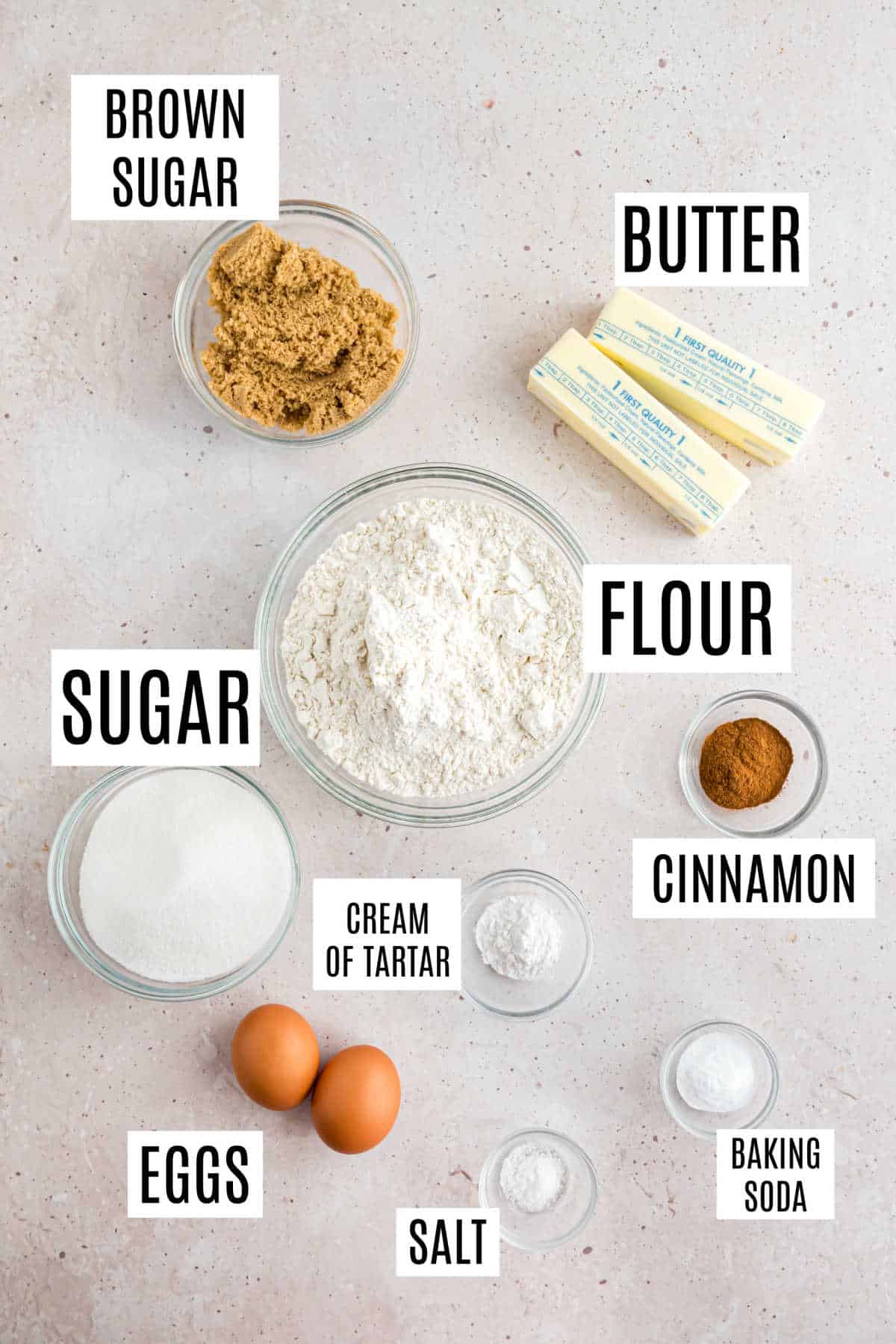 Ingredients needed to make brown butter snickerdoodle cookies.