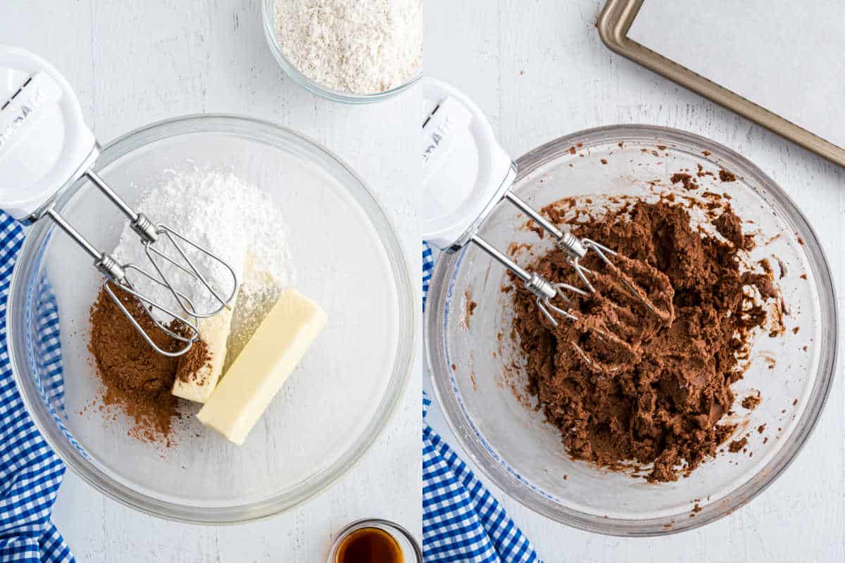 Step by step photos showing how to make chocolate shortbread cookies.