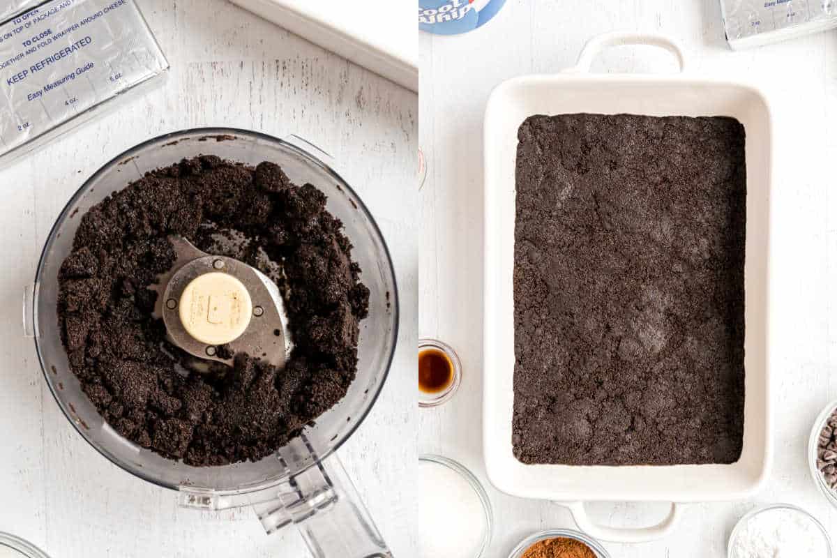 Step by step photos showing how to make oreo crust for cheesecake.