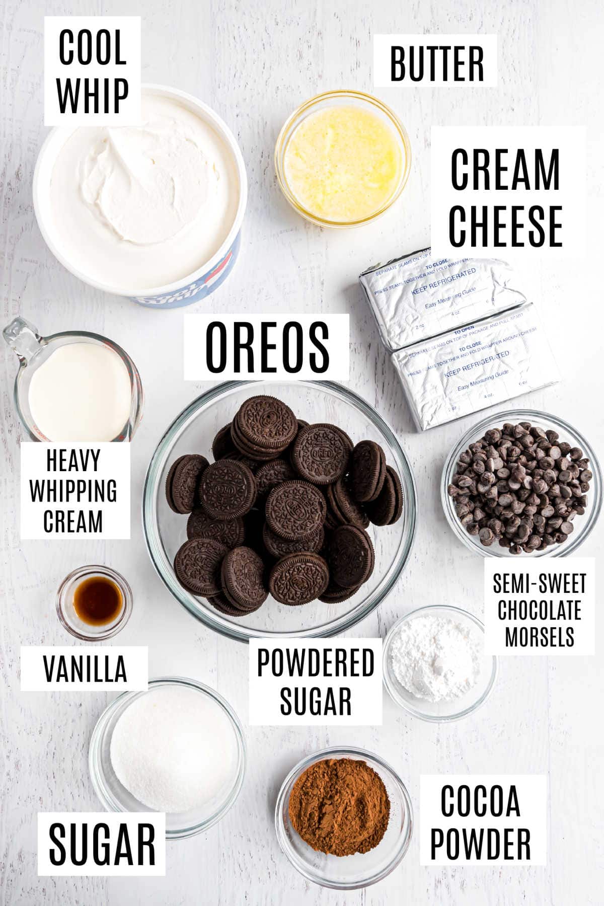 Ingredients needed to make chocolate cheesecake bars.