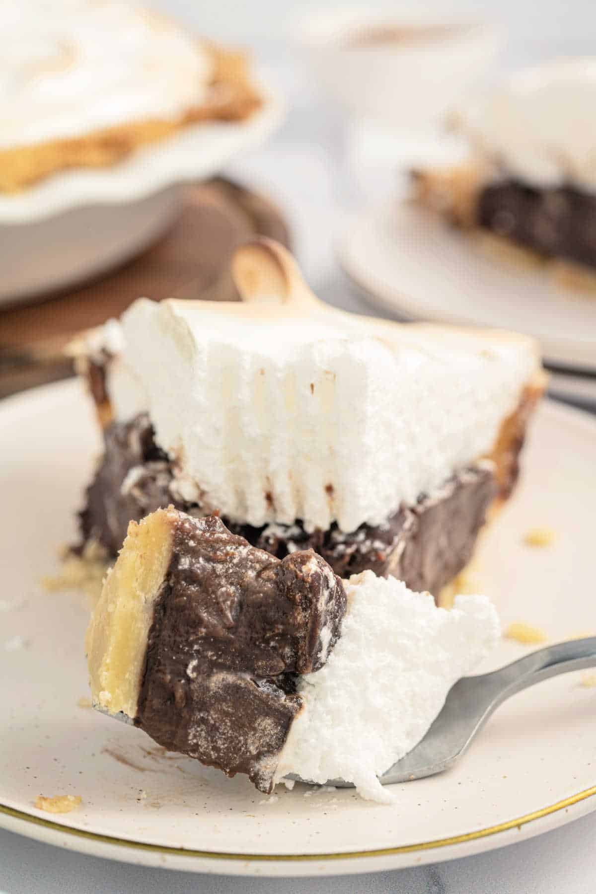 Slice of chocolate pie with a bite taken out.