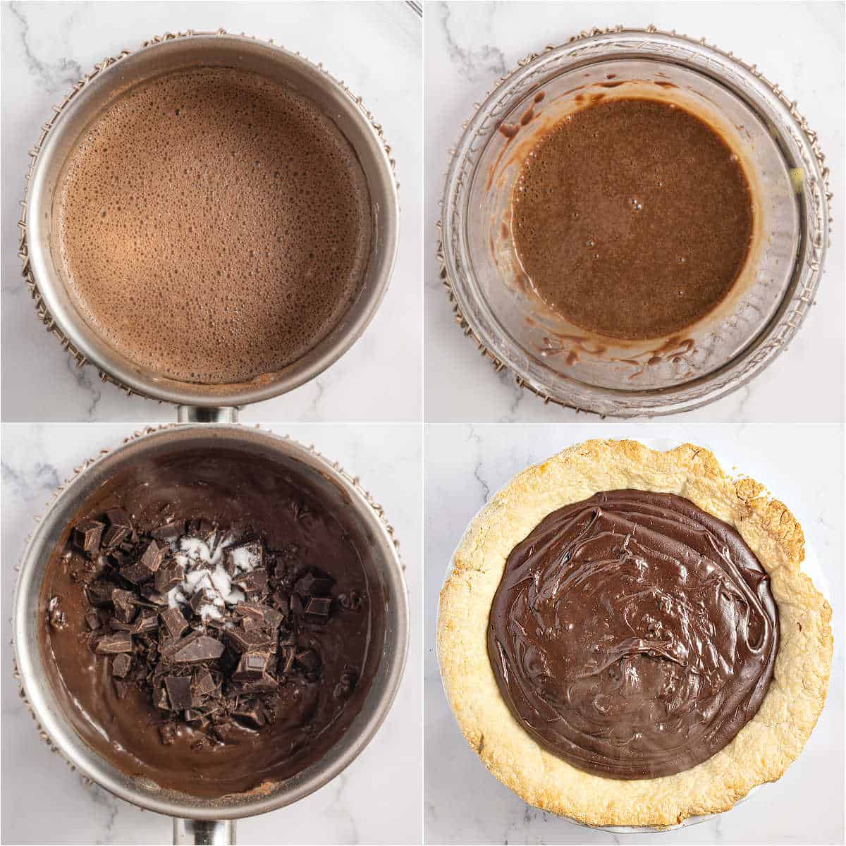 Step by step photos showing how to make chocolate pie filling from scratch.