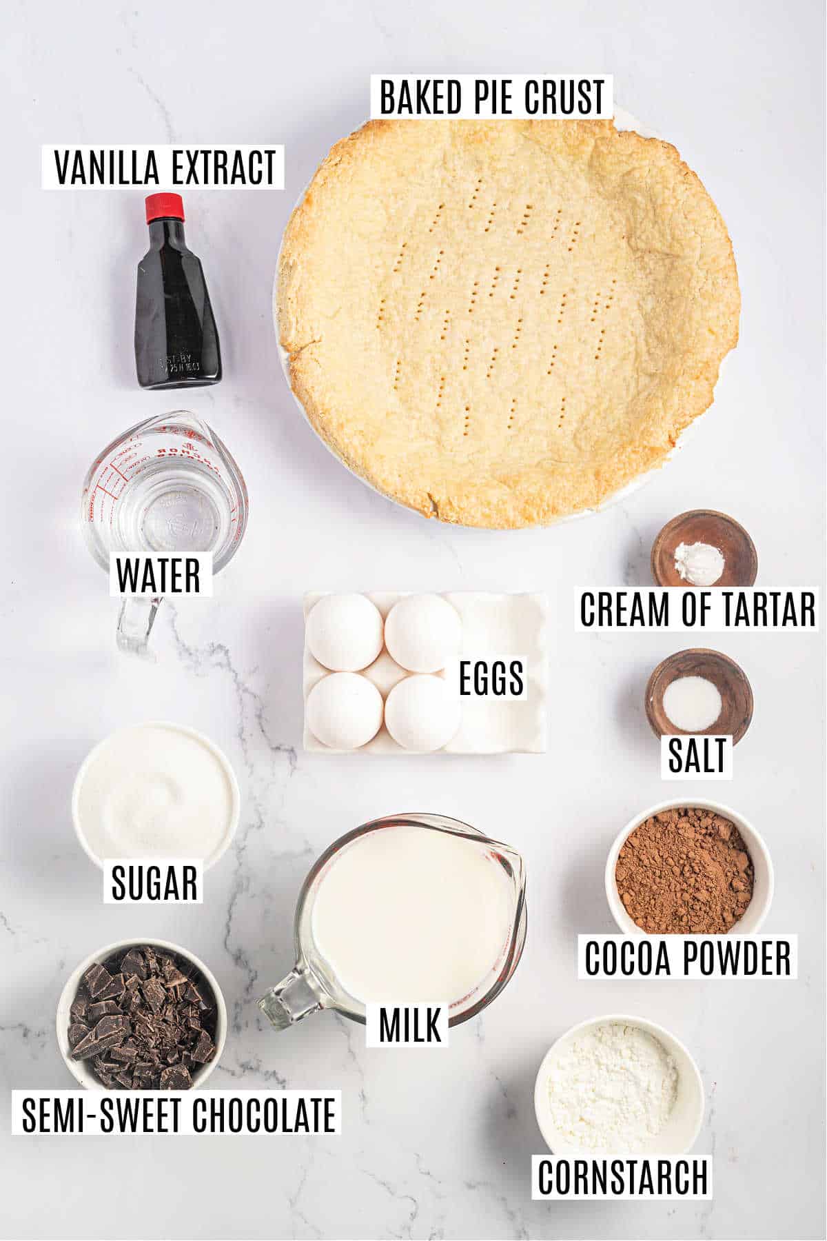 Ingredients needed for chocolate meringue pie.