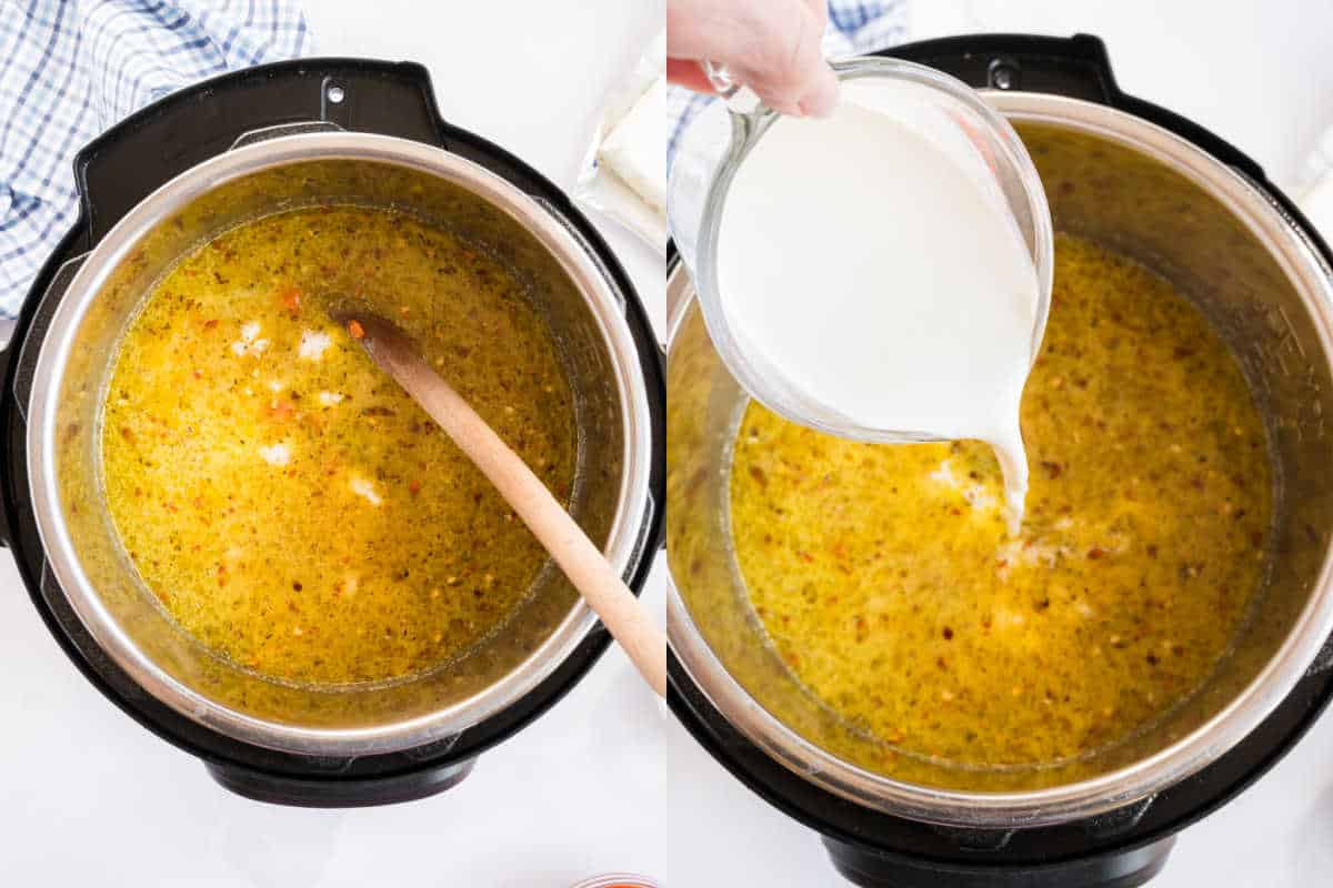 Step by step photos showing how to make buffalo chicken soup.