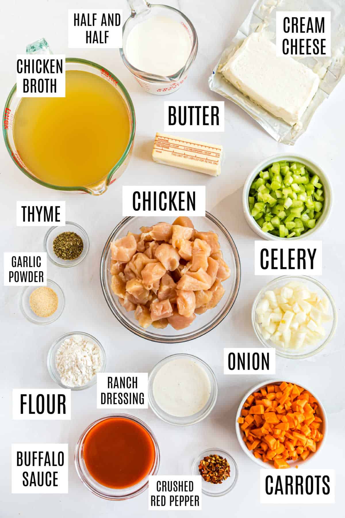 Ingredients needed to make buffalo chicken soup.