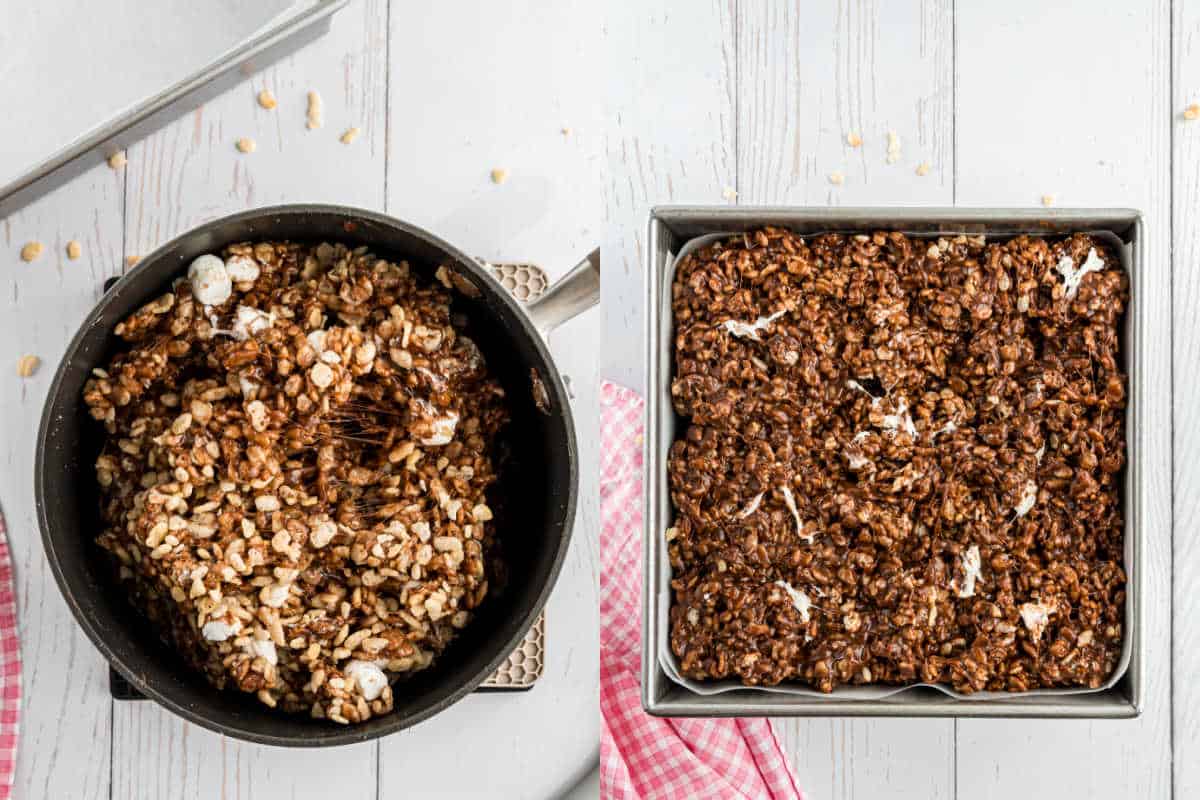 Step by step photos showing how to assemble nutella krispie treats.