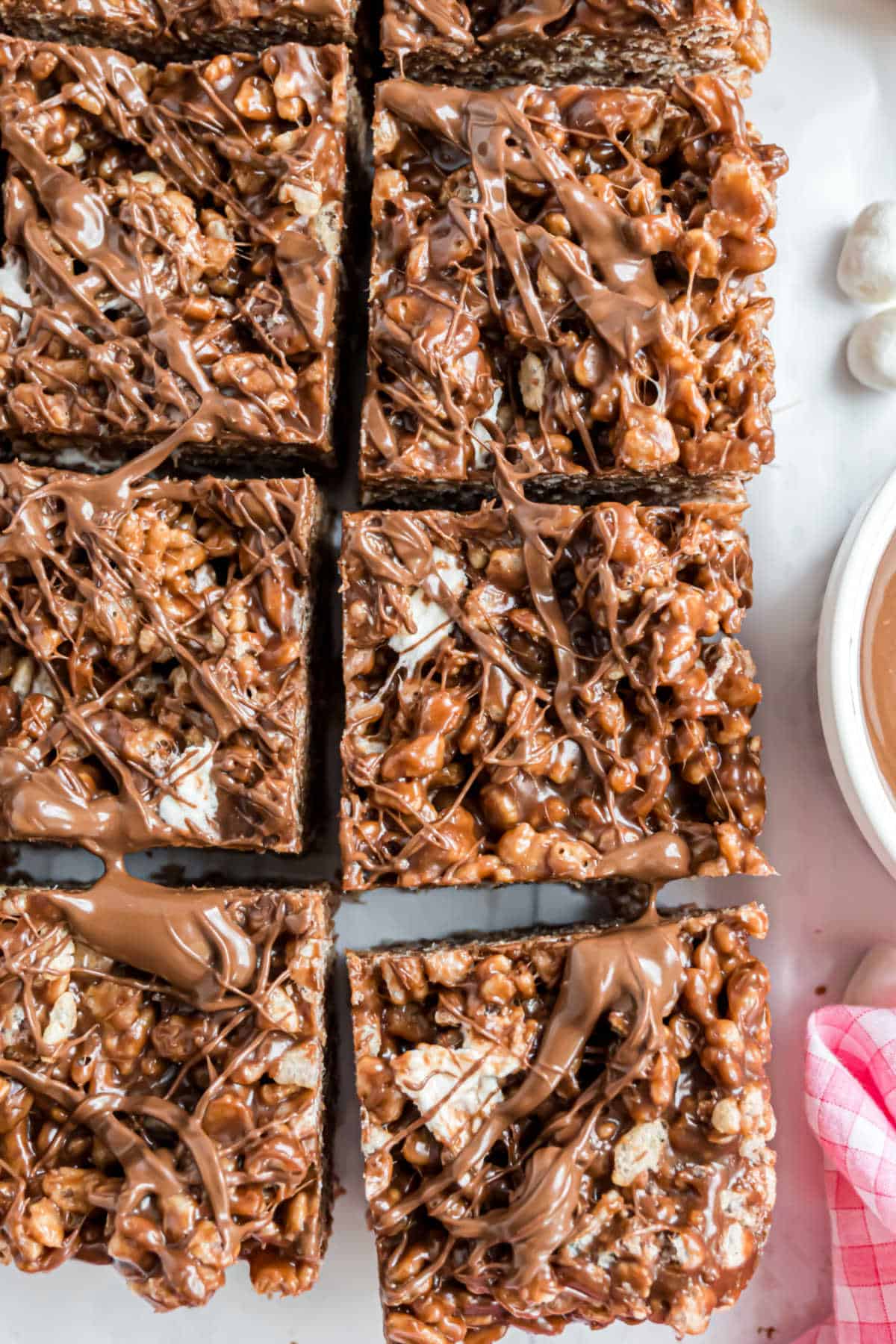 Chocolate krispie treats cut into bars.