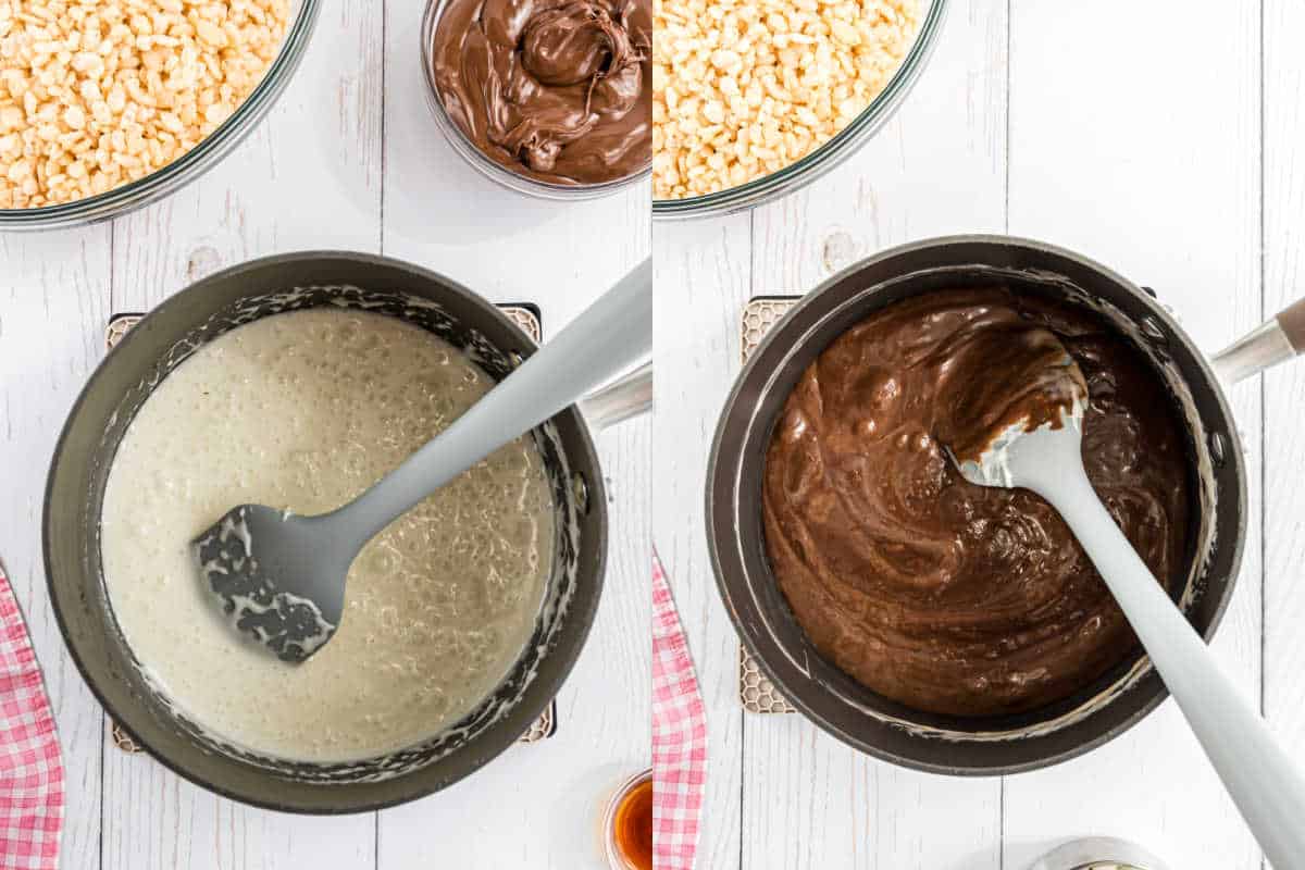 Step by step photos showing how to make nutella rice krispie treat bars.