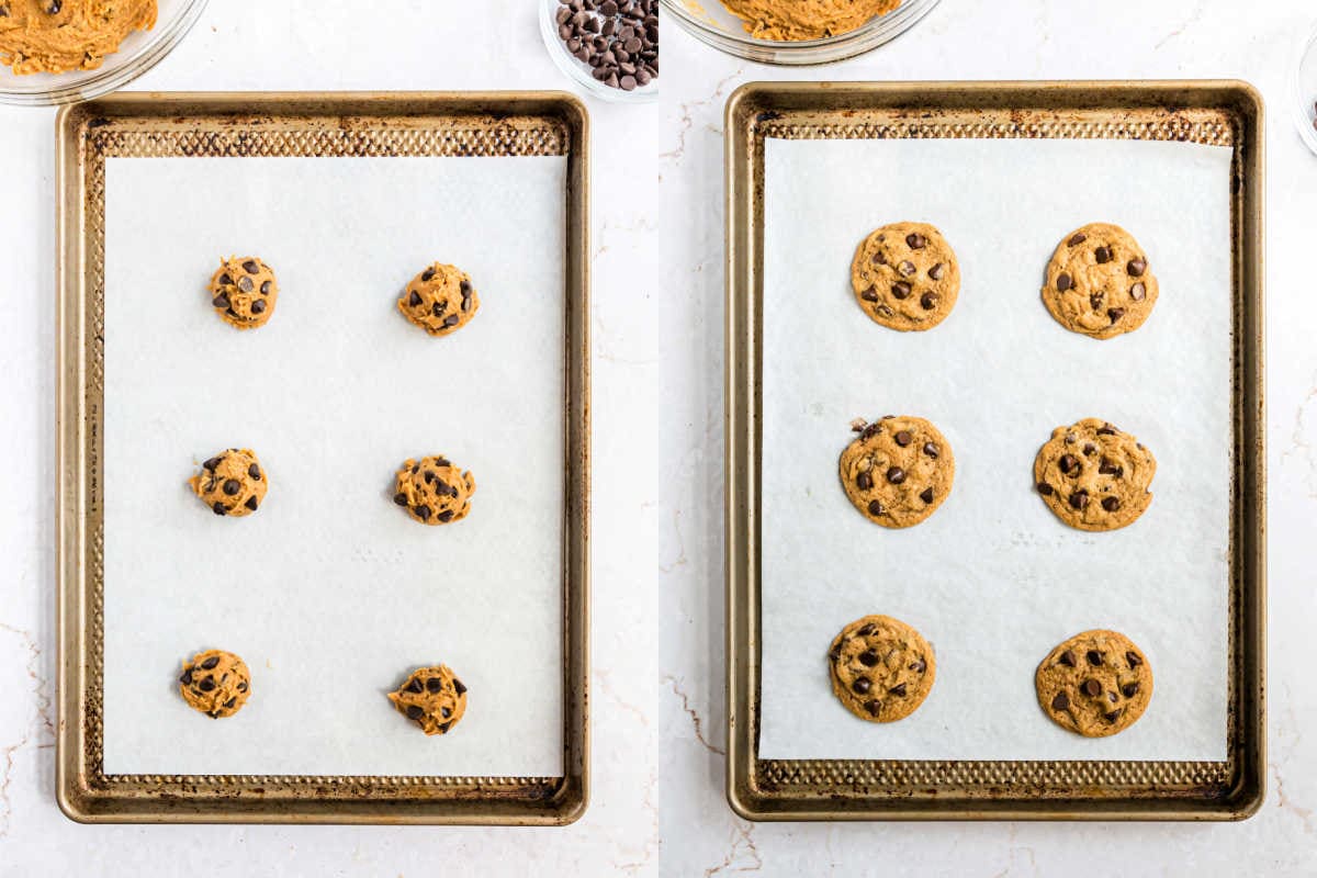 Step by step photos showing how to make pumpkin chocolate chip cookies.
