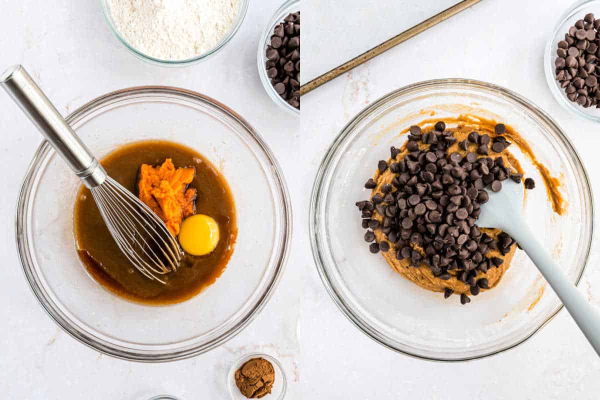 Step by step photos showing how to make pumpkin chocolate chip cookie dough.