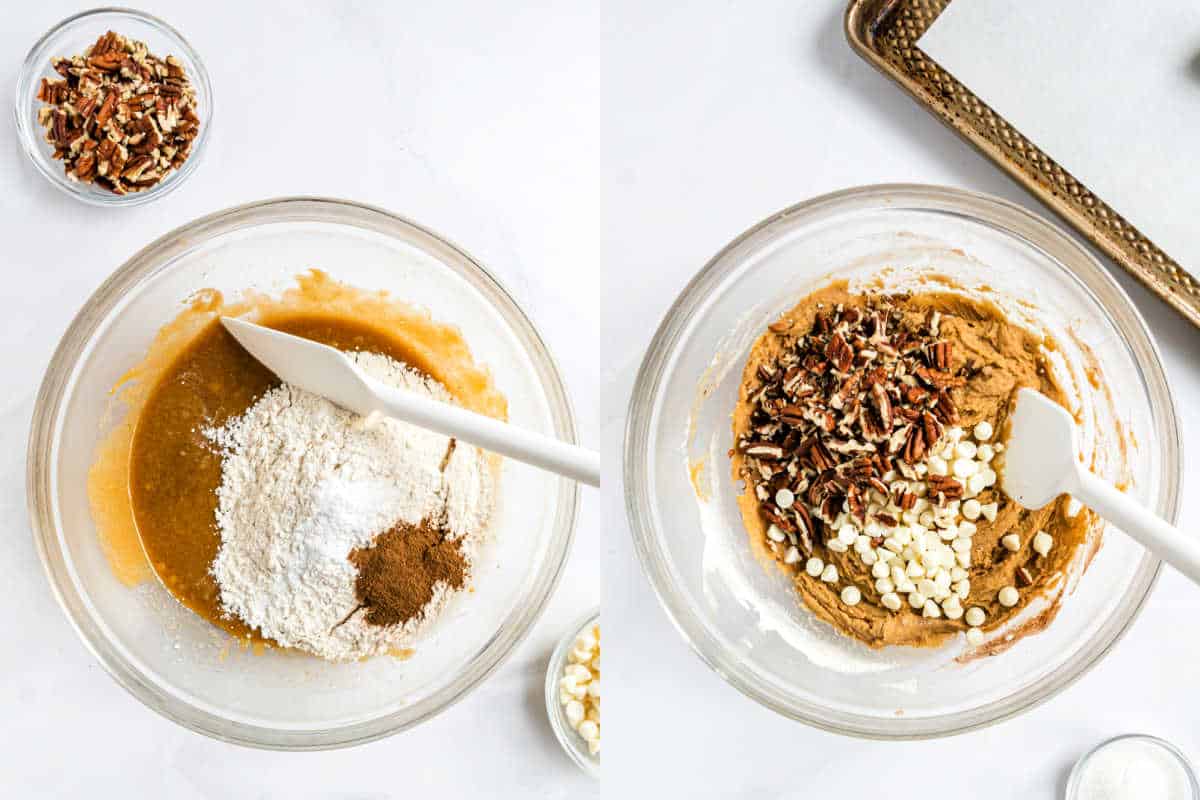 Step by step photos showing how to make pumpkin cookie dough.