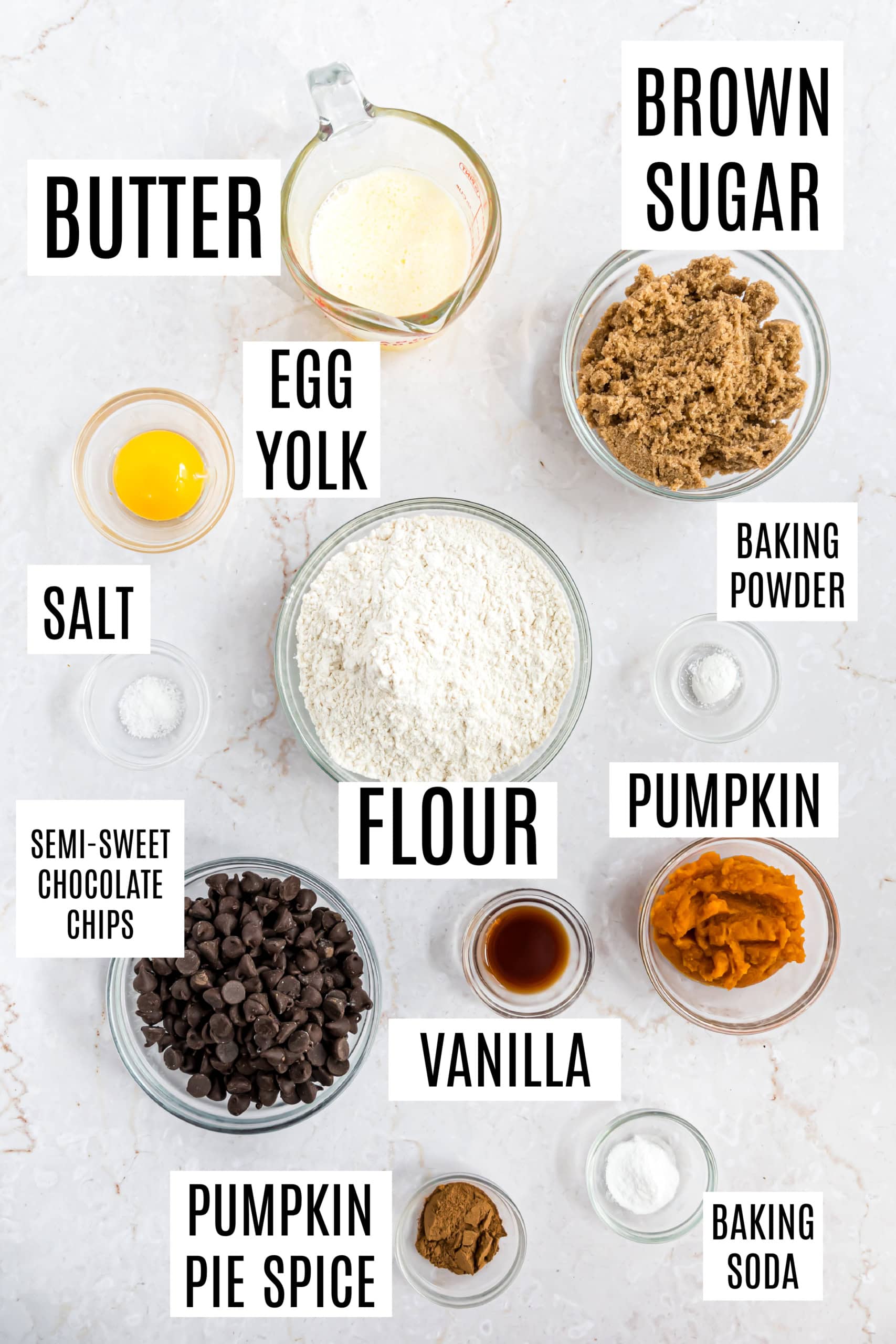 Ingredients needed to make pumpkin chocolate chip cookies.