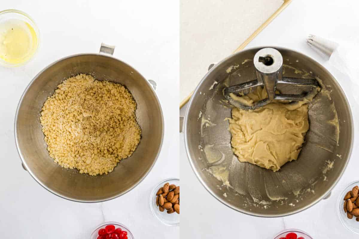 Two mixing bowls: one with crumbly amaretti cookies dough, the other with smooth dough; almonds and cherries nearby.
