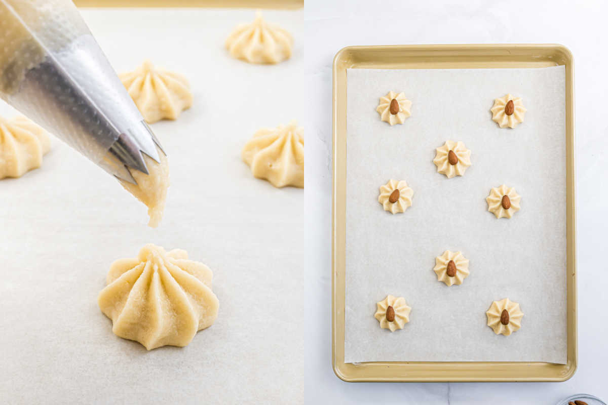 Piped cookie dough for amaretti cookies is shaped on parchment, then topped with almonds and arranged on a baking sheet.