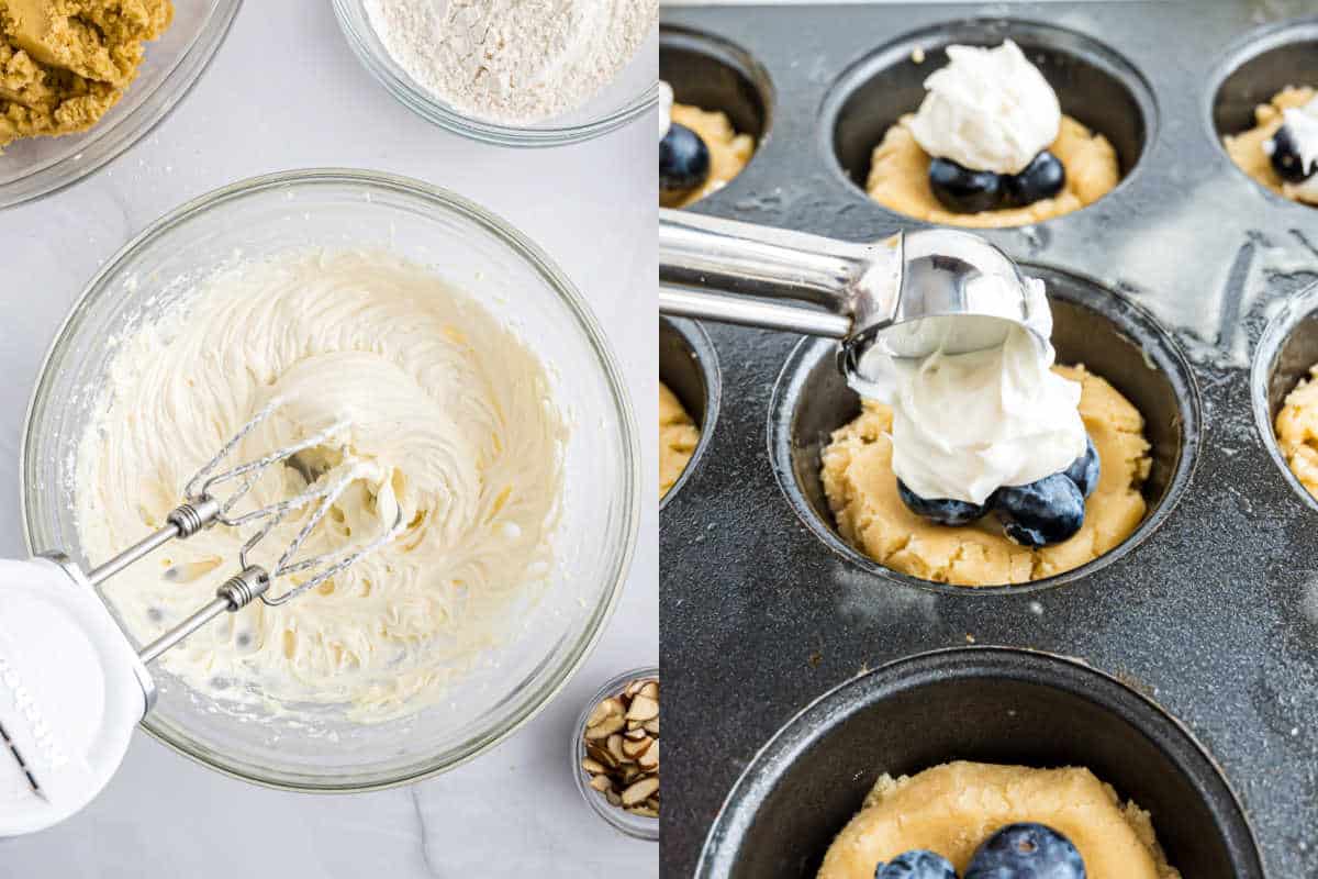 Left: Mixing creamy batter in a bowl. Right: Adding cream to blueberry muffin batter in a muffin tin, perfect for making blueberry coffee cake cookies.