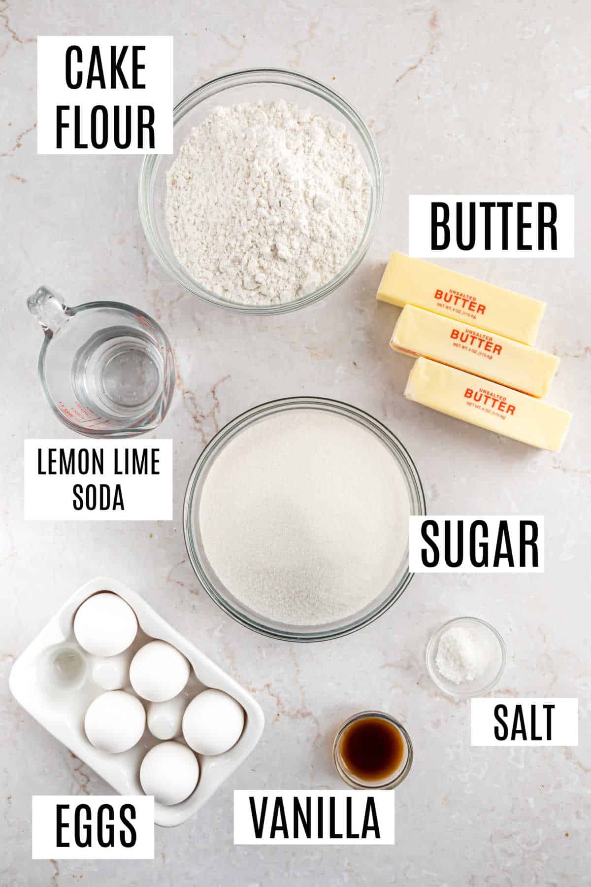 Ingredients needed to make pound cake.