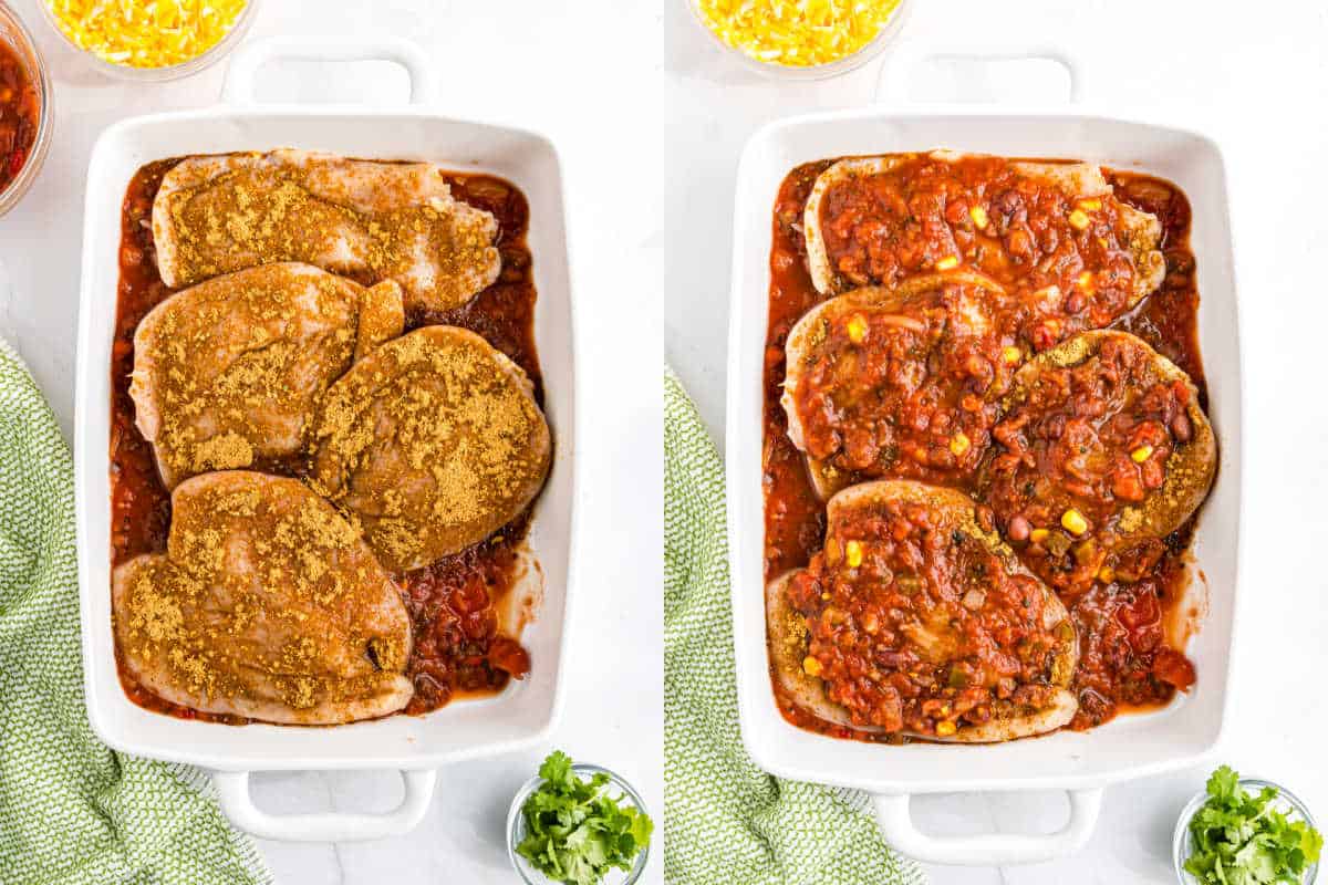 Two images of a baking dish show baked salsa chicken, featuring seasoned chicken before and after topping with salsa and corn.