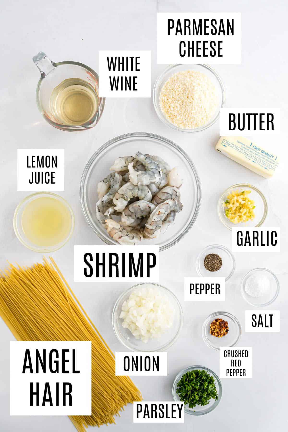 Ingredients for shrimp scampi pasta: shrimp, angel hair, parmesan, wine, butter, garlic, onion, parsley, lemon juice, spices.