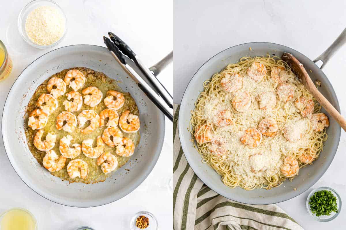 Two images: classic shrimp scampi sautéed in a skillet, then tossed with pasta and finished with a sprinkle of grated cheese.