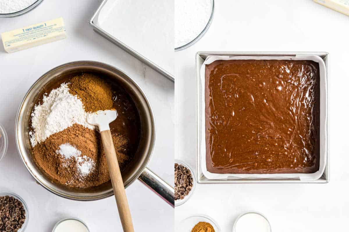 A saucepan with baking ingredients and a spatula; rich espresso brownies batter spread in a lined square pan.