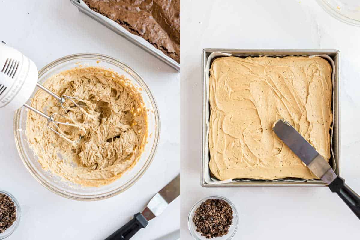 Left: Electric mixer in bowl of frosting. Right: Frosting being spread on a square pan of espresso brownies.