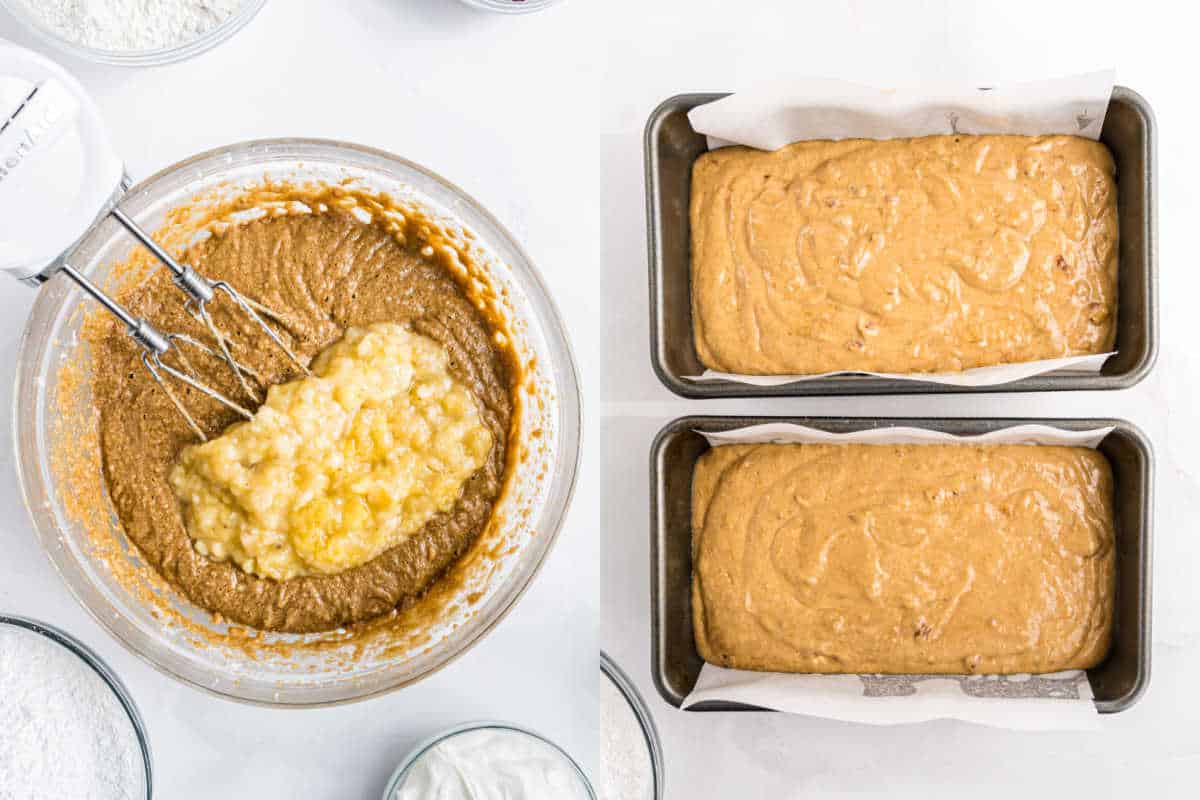 A bowl of maple pecan banana bread batter being mixed, next to two loaf pans filled with the batter and ready to bake.