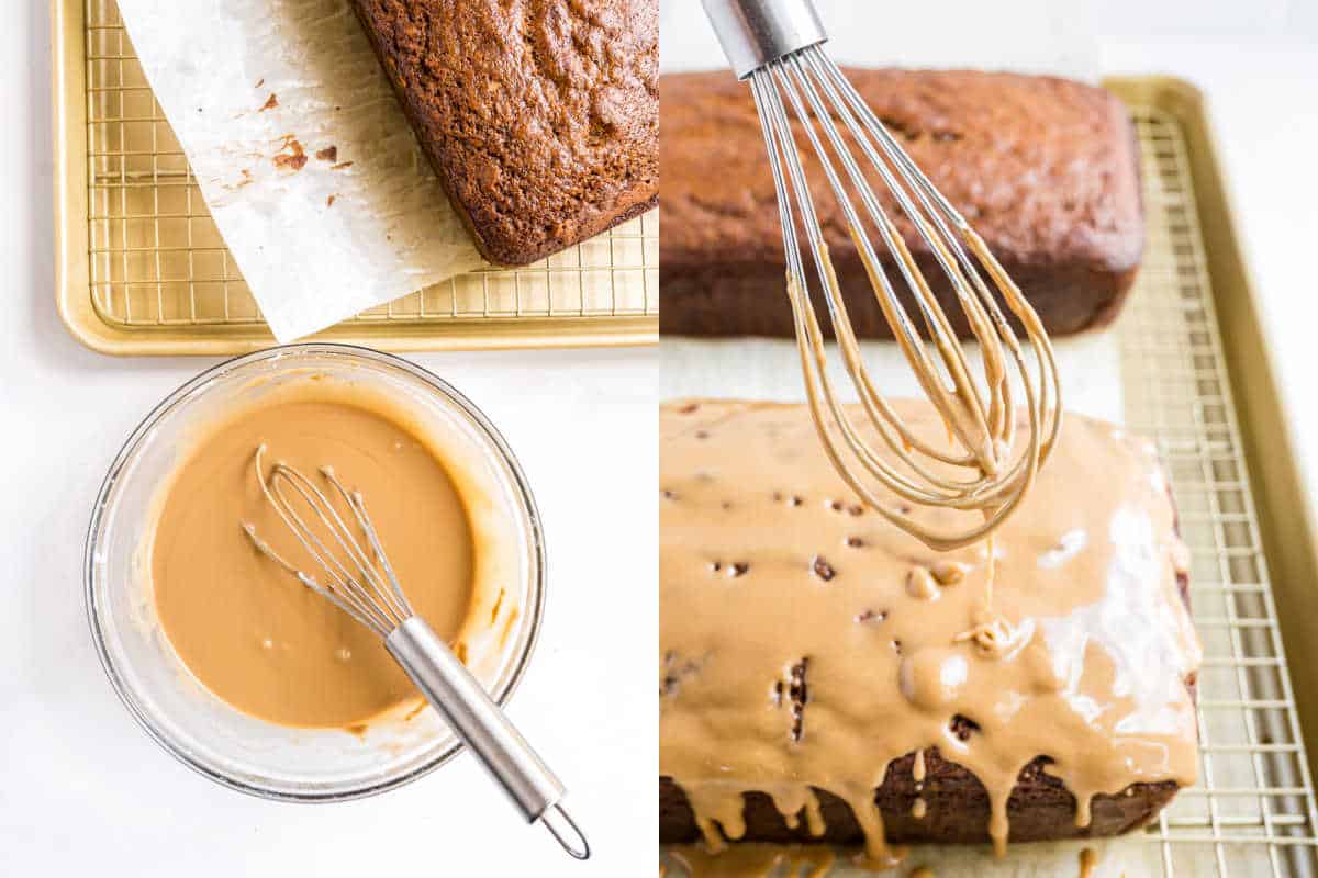 A whisk mixing caramel glaze and drizzling it onto a maple pecan banana bread loaf cake on a baking tray.
