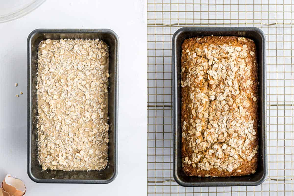 Side-by-side of unbaked and baked oatmeal banana bread batter in a loaf pan, viewed from above.