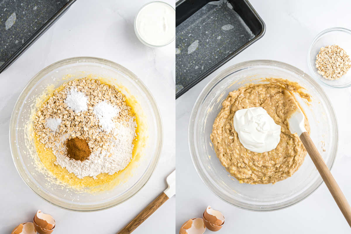 Two mixing bowls with baking ingredients for oatmeal banana bread: one holds dry ingredients, the other wet, with spatulas nearby.