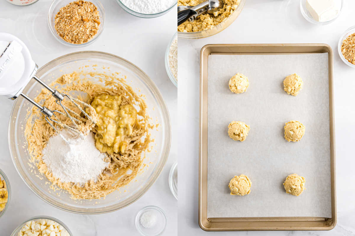 Left: Mixing banana cookie dough in a bowl. Right: Cookie dough balls on a baking sheet.