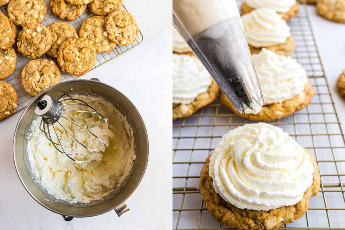 Cookies with whipped cream on rack; mixing bowl with whisk attachment beside.