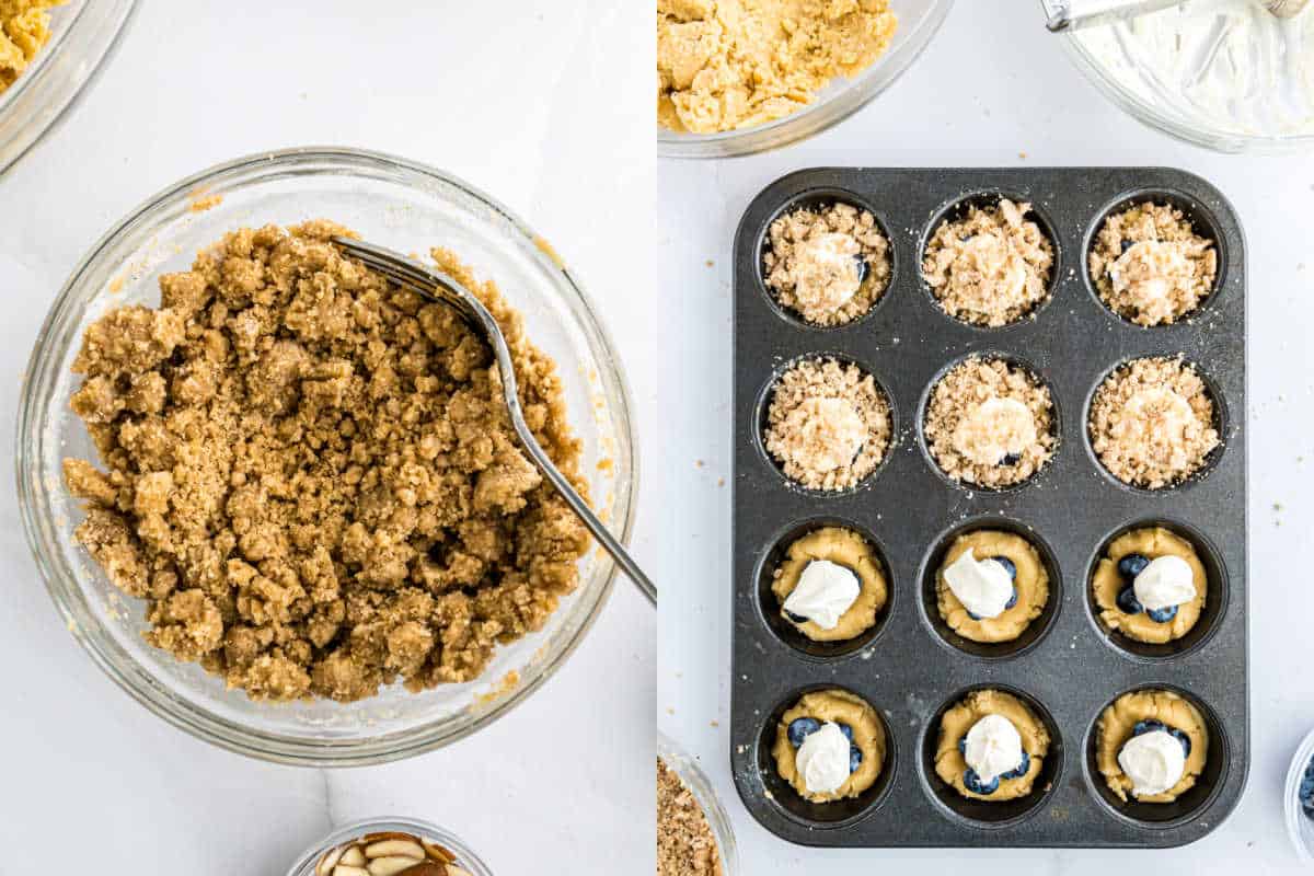 A bowl of crumb topping sits beside a muffin tin filled with unbaked mini cheesecakes and streusel, evoking the sweet charm of blueberry coffee cake cookies.