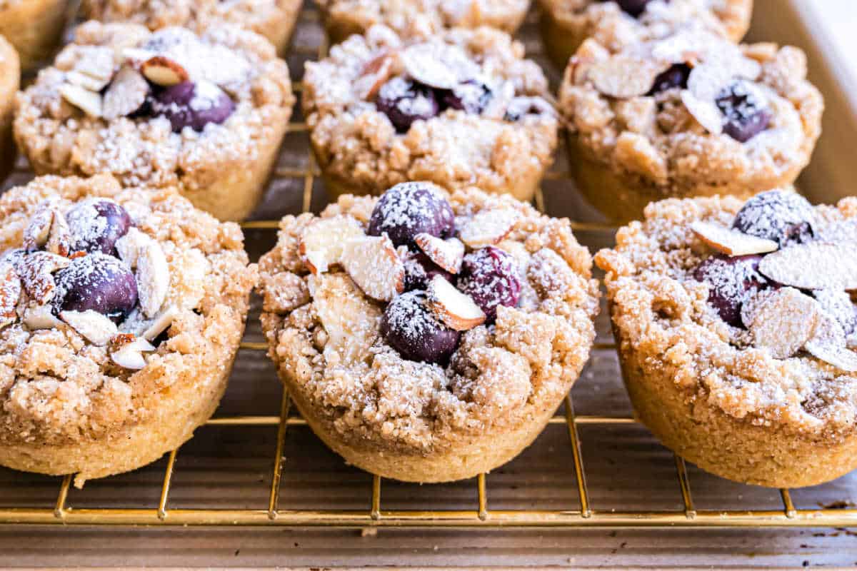 Mini crumble tarts inspired by blueberry coffee cake cookies, with juicy blueberries and sliced almonds, dusted with powdered sugar, on a cooling rack.