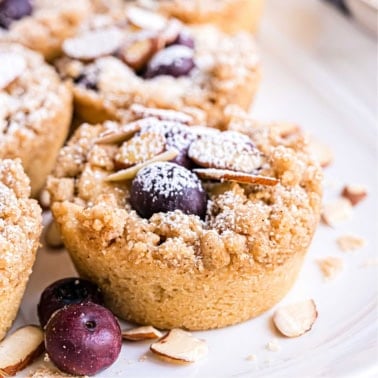Close-up of crumbly blueberry almond muffins dusted with powdered sugar on a white plate, reminiscent of blueberry coffee cake cookies.