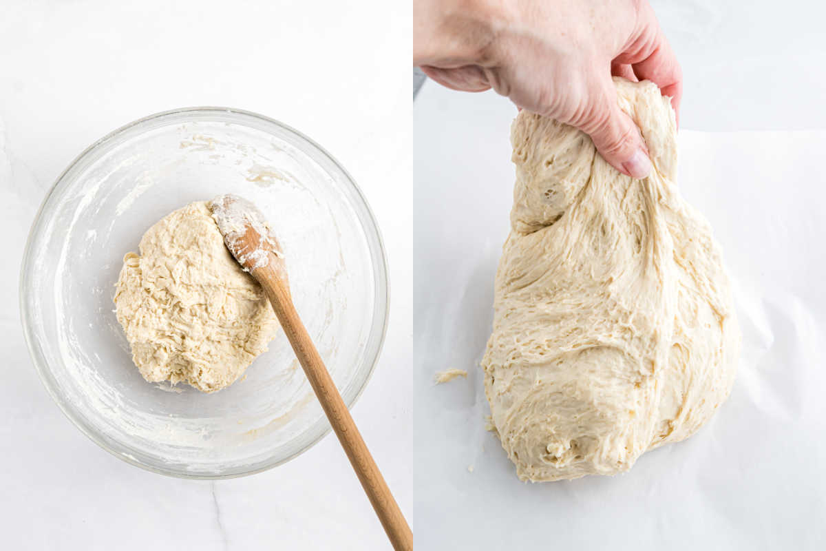 Left: Dough in a glass bowl with a wooden spoon, perfect for making bread bowls. Right: Hand stretching sticky dough on a white surface, ready for shaping.