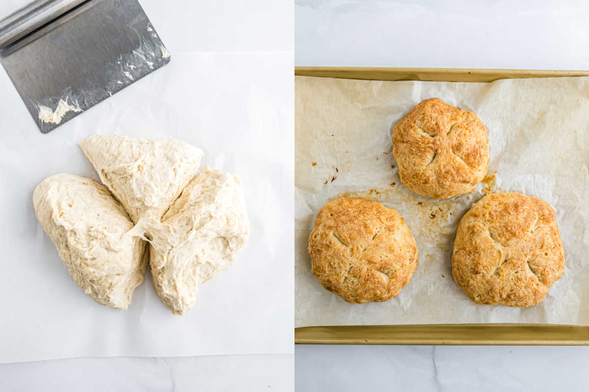 Left: Raw dough divided on parchment; right: Three baked biscuits, perfect for pairing with bread bowls, on a parchment-lined baking sheet.