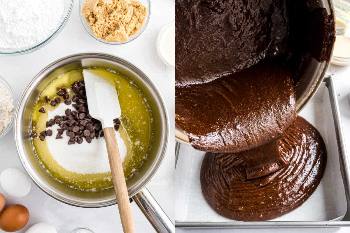Left: Mixing brownie batter in a bowl; right: Pouring chocolate batter into a parchment-lined pan.