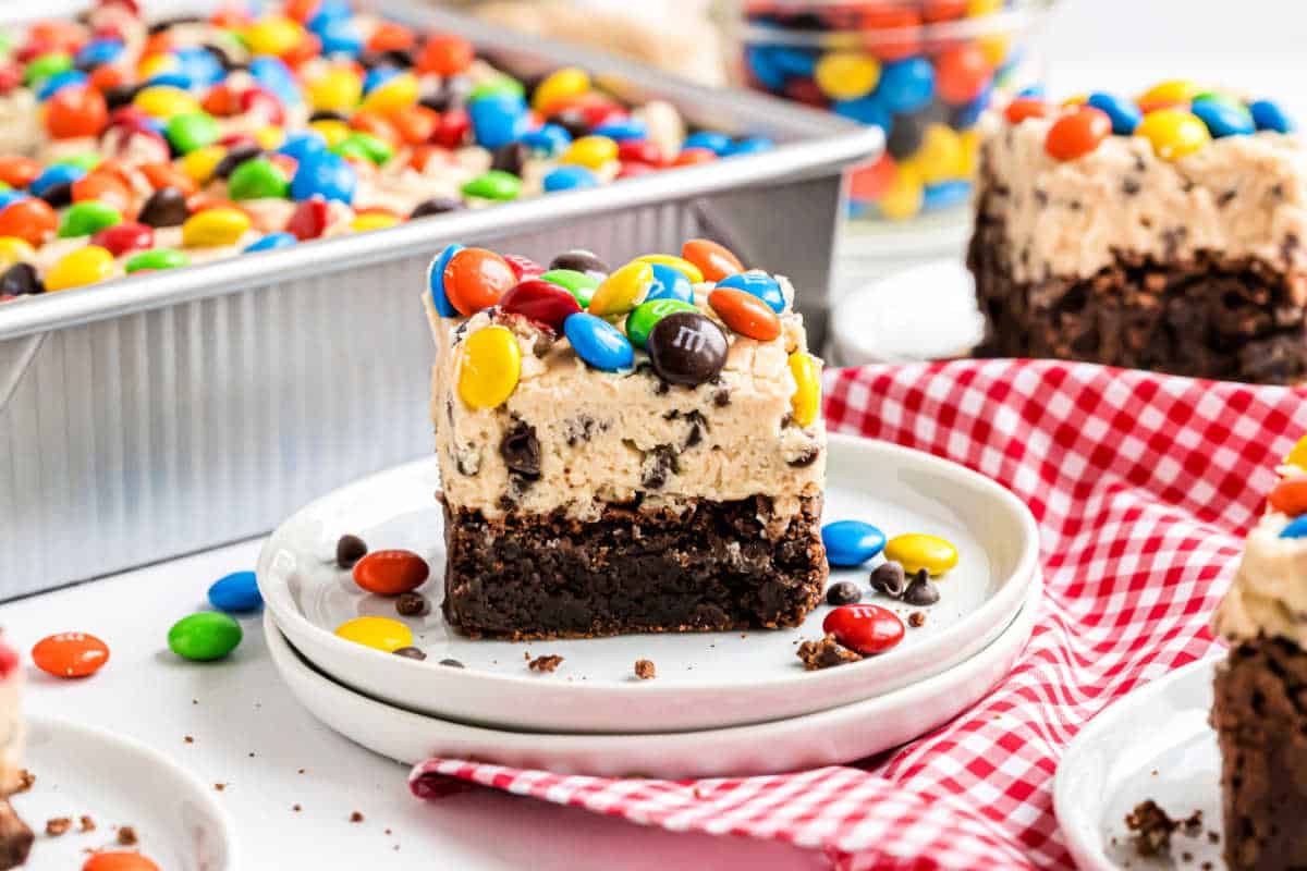 A brownie square topped with cookie dough and colorful M&M candies on a white plate.