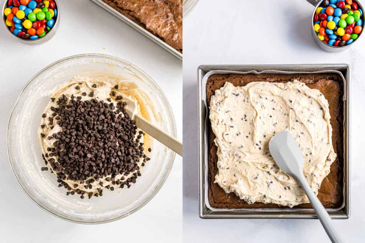 Left: Mixing chocolate chips into cream in a bowl. Right: Spreading cream on brownies in a square pan.