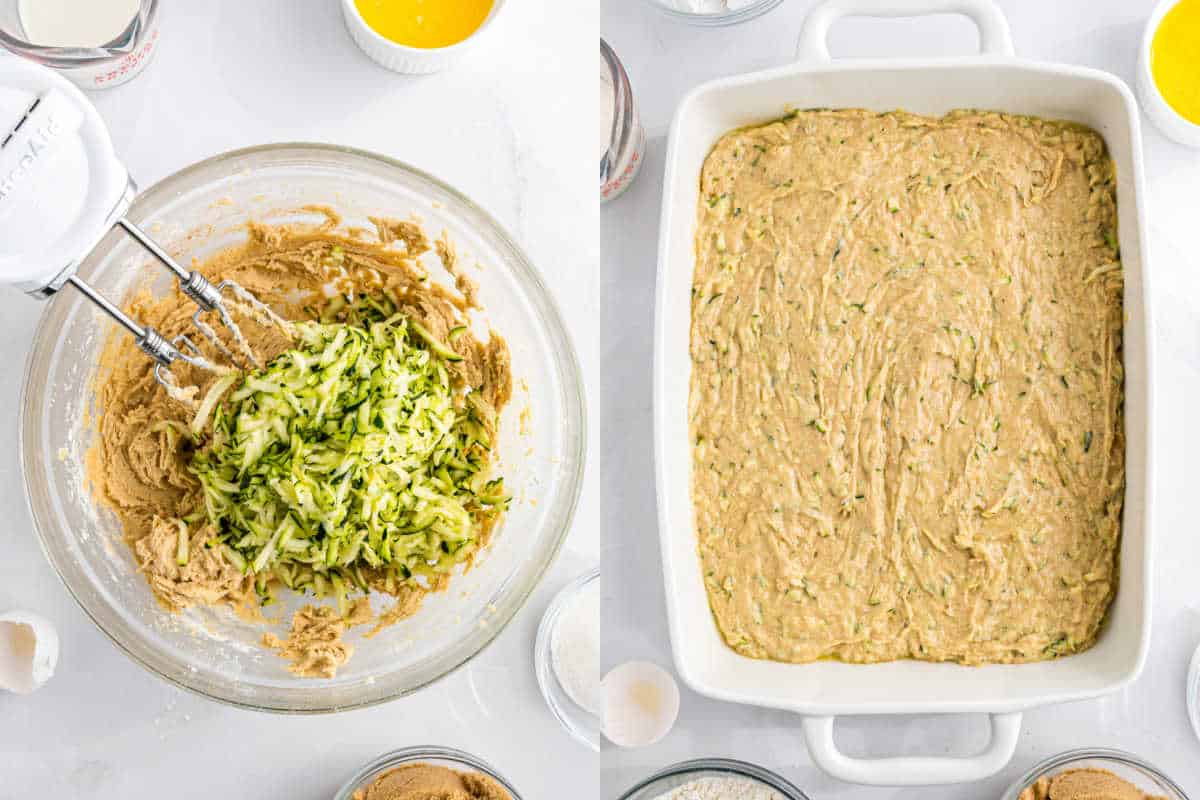A bowl of zucchini bread batter being mixed and the batter spread in a white baking dish, ready to bake.