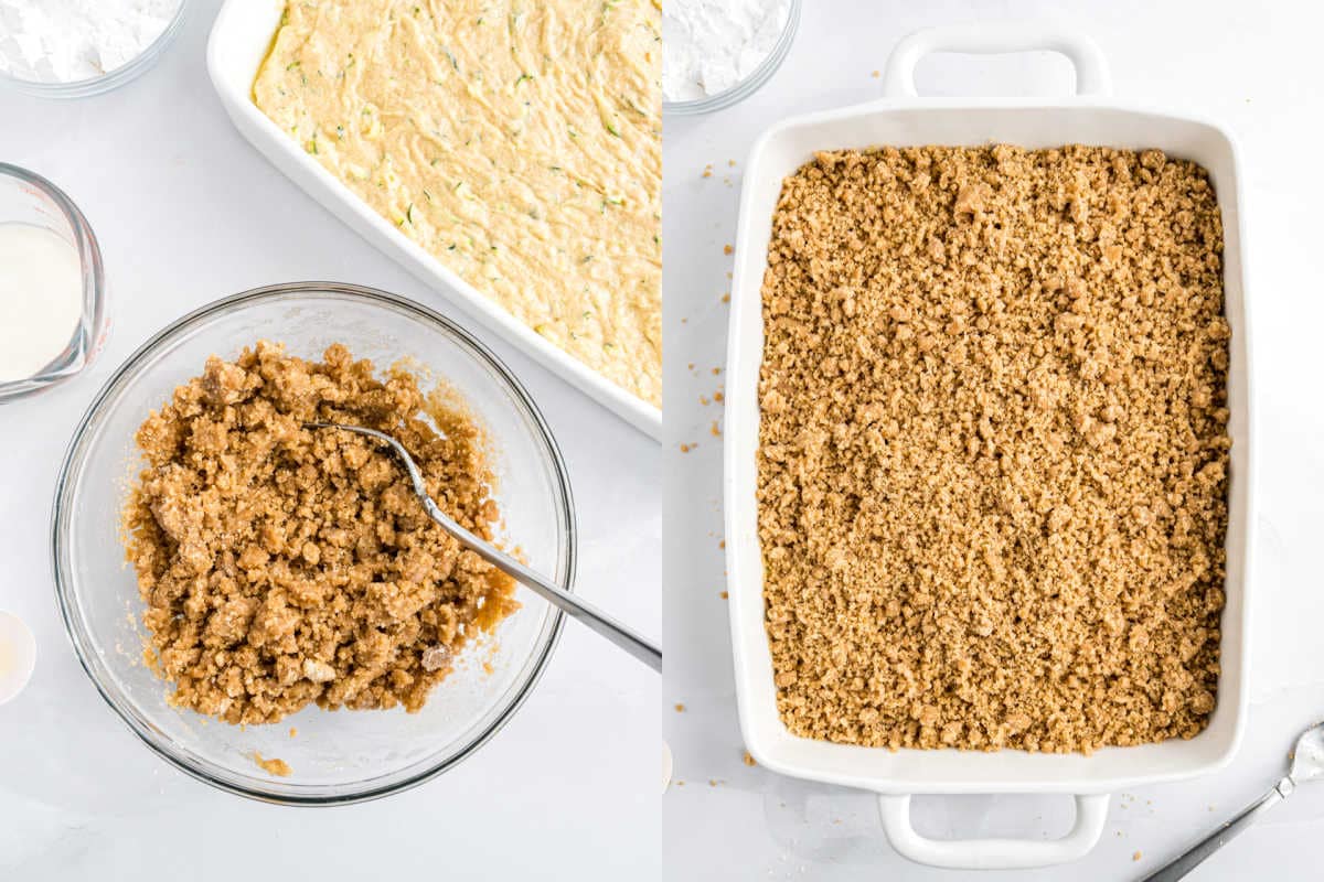 Left: crumb topping in a bowl. Right: crumb topping spread over batter in a white baking dish.