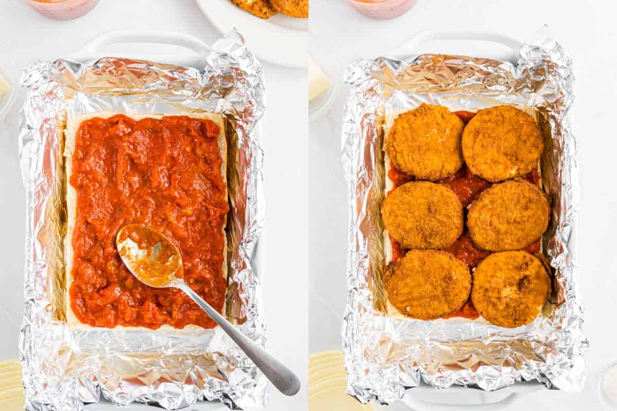 Split image: Left shows tomato sauce spread in a foil-lined pan, right shows breaded eggplant slices in same pan.