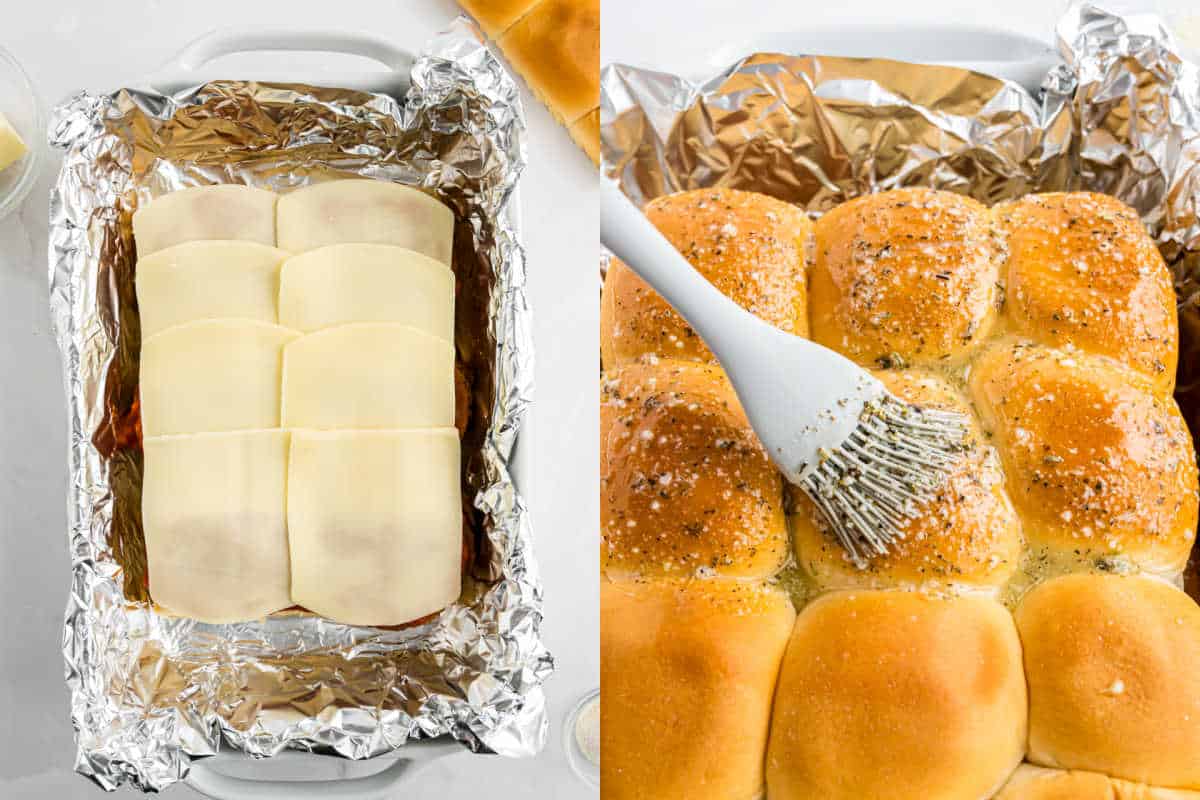 Left: Cheese-topped sliders in foil pan. Right: Brushing butter on baked sliders with seasoning.