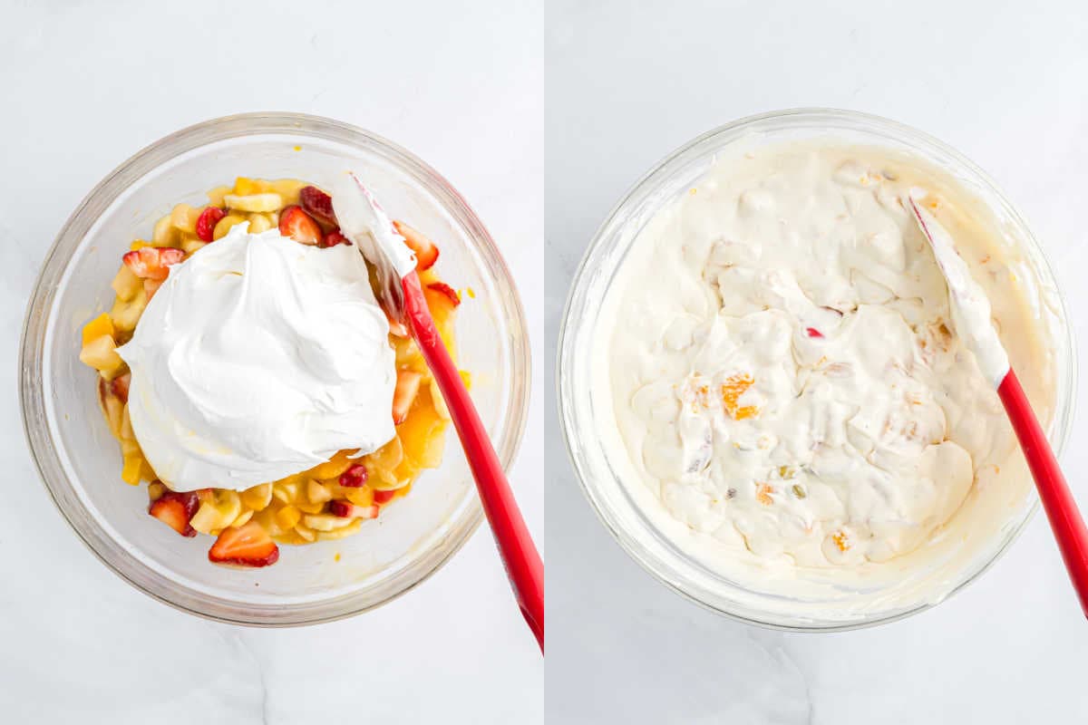 Two bowls: one with fruit and whipped topping, the other with the mixture blended together using a spatula.