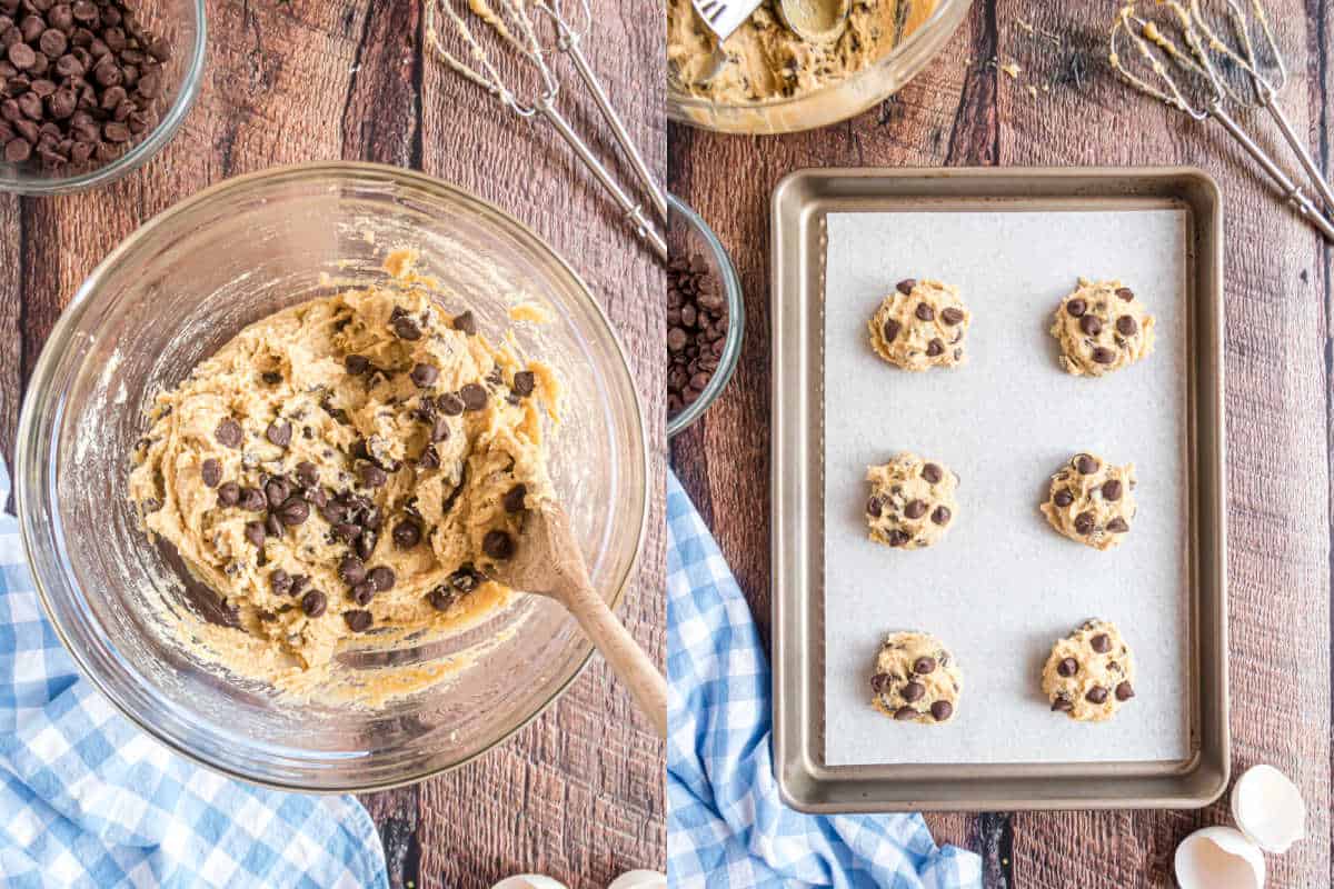 Chocolate chip cookie dough in a bowl and six dough balls on a baking sheet, ready to bake.
