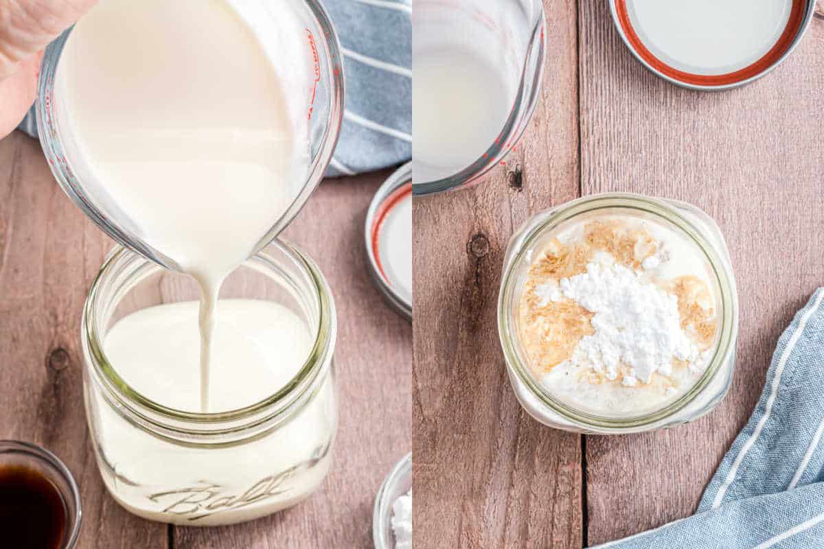 Two images: milk being poured into a glass jar, then the jar with milk, powder, and vanilla on a wooden surface.