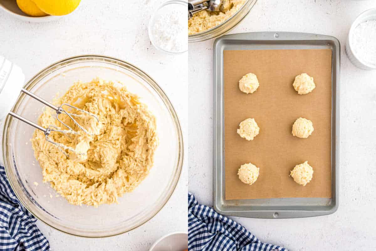 Left: Bowl of cookie dough with a hand mixer. Right: Six dough scoops on a baking tray with parchment paper.