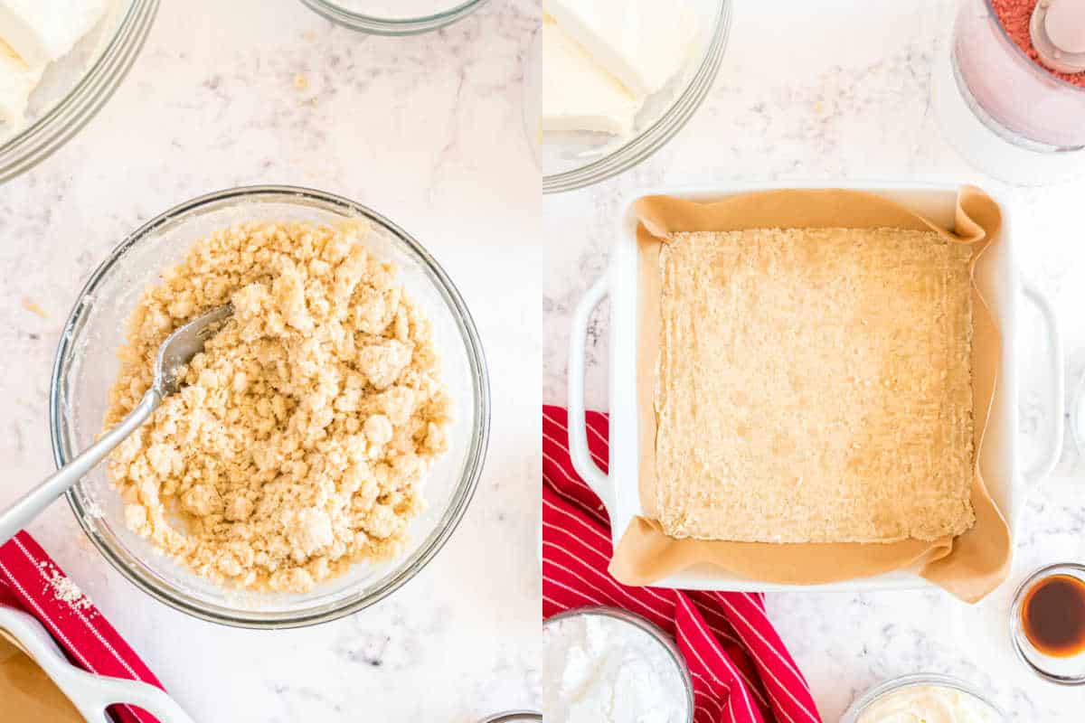 Left: crumbly dough in a glass bowl with a spoon; Right: pressed dough in a parchment-lined baking dish.